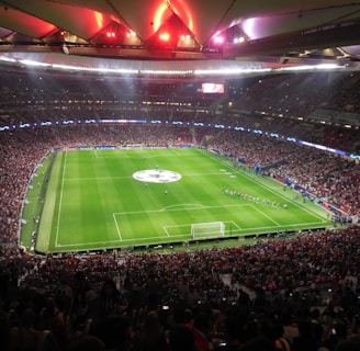 A large, packed stadium with bright lights illuminates a green soccer field. The scene is vibrant with a massive audience surrounding the pitch, visibly excited and engaged. The center of the field displays a prominent circular logo, suggesting a major sporting event. Players and staff can be seen on the field, likely preparing for a match.